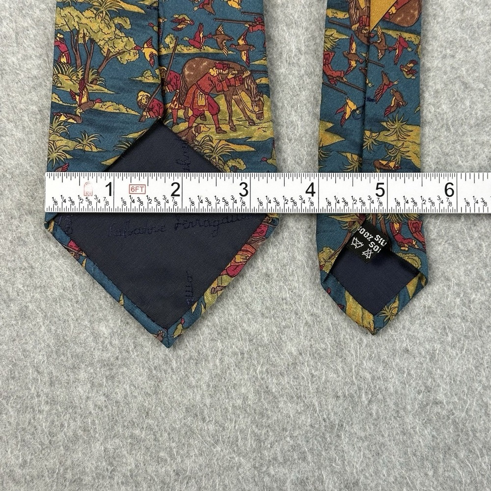 Vintage Ferragamo Silk Tie Horse Rider Hunting Birds Italy Blue 58x3.5" - Picture 4 of 6